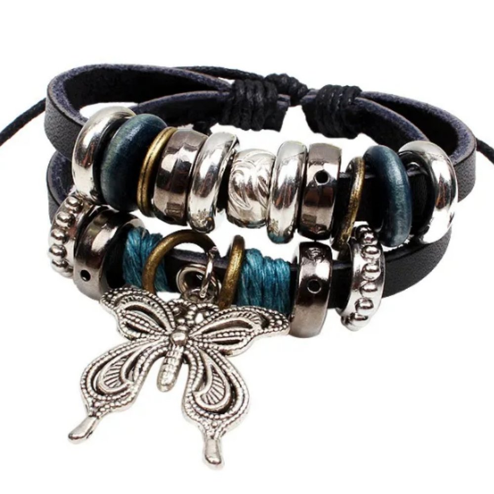 New Silver Butterfly Leather Rope Bracelet